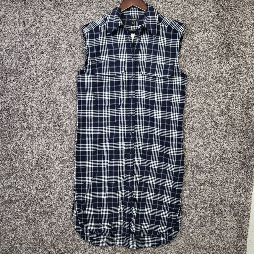 Banana Republic Flannel Shirt Dress Womens Small Navy Plaid NWT 437544